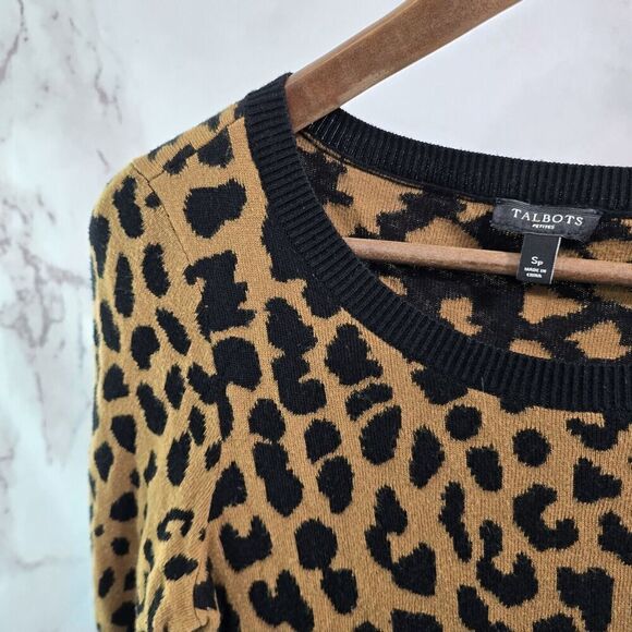 Talbots Sweater Womens Small P Brown Leopard Cheetah Animal Petite - Picture 2 of 10